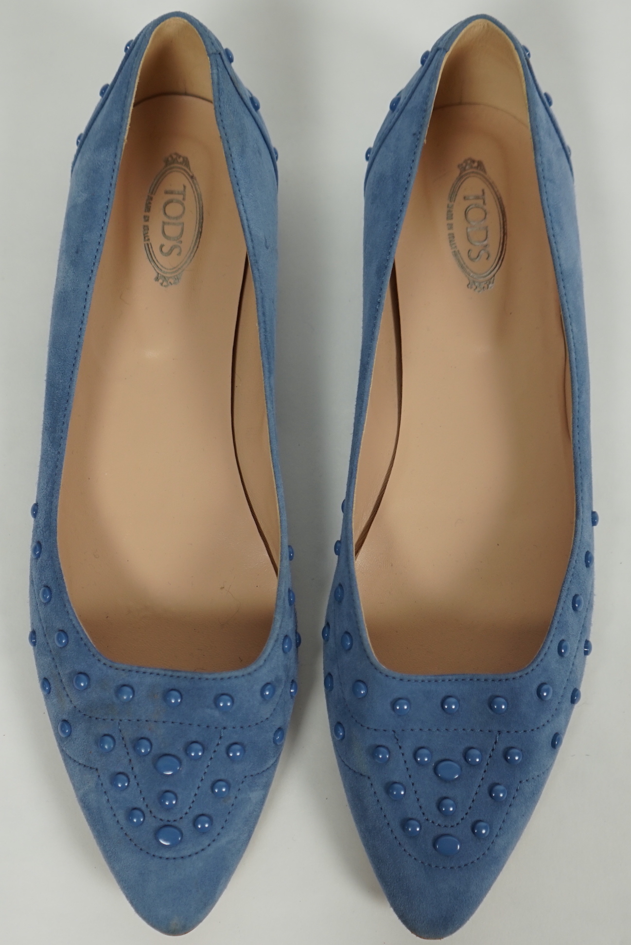 A pair of Tod's lady's light blue suede leather studded ballet flats, size 40.5